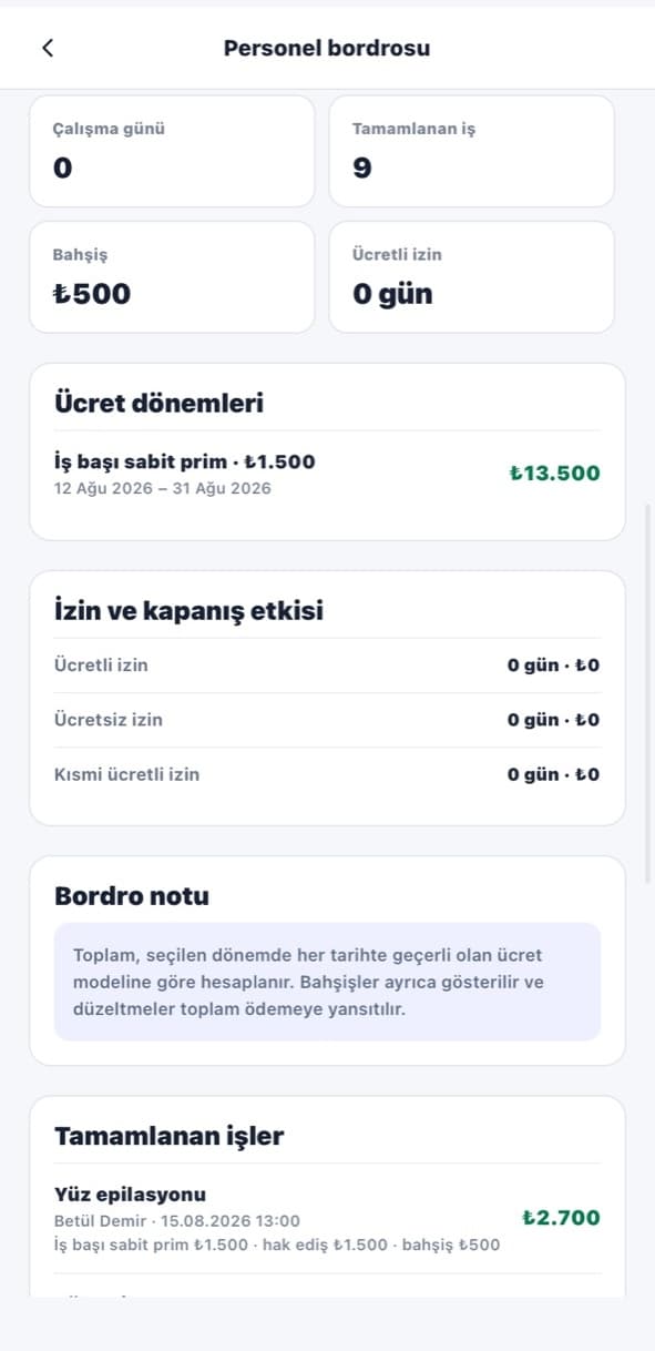 Personel bordrosu Ordiva ekranı